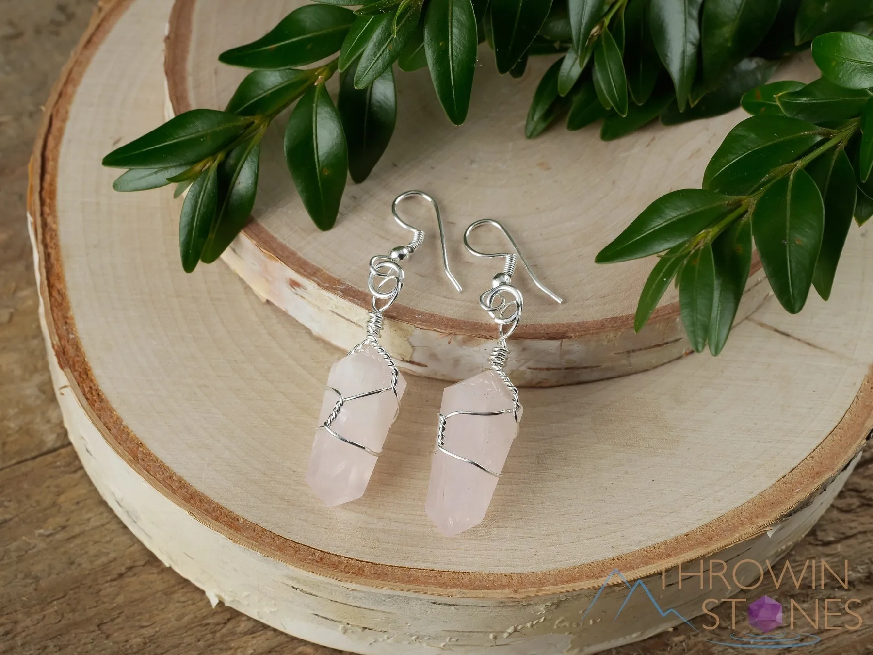 ROSE QUARTZ Crystal Earrings - Crystal Points Dangle Drop Earrings, Wire Wrapped Birthstone Gemstone Handmade Jewelry,  E1394