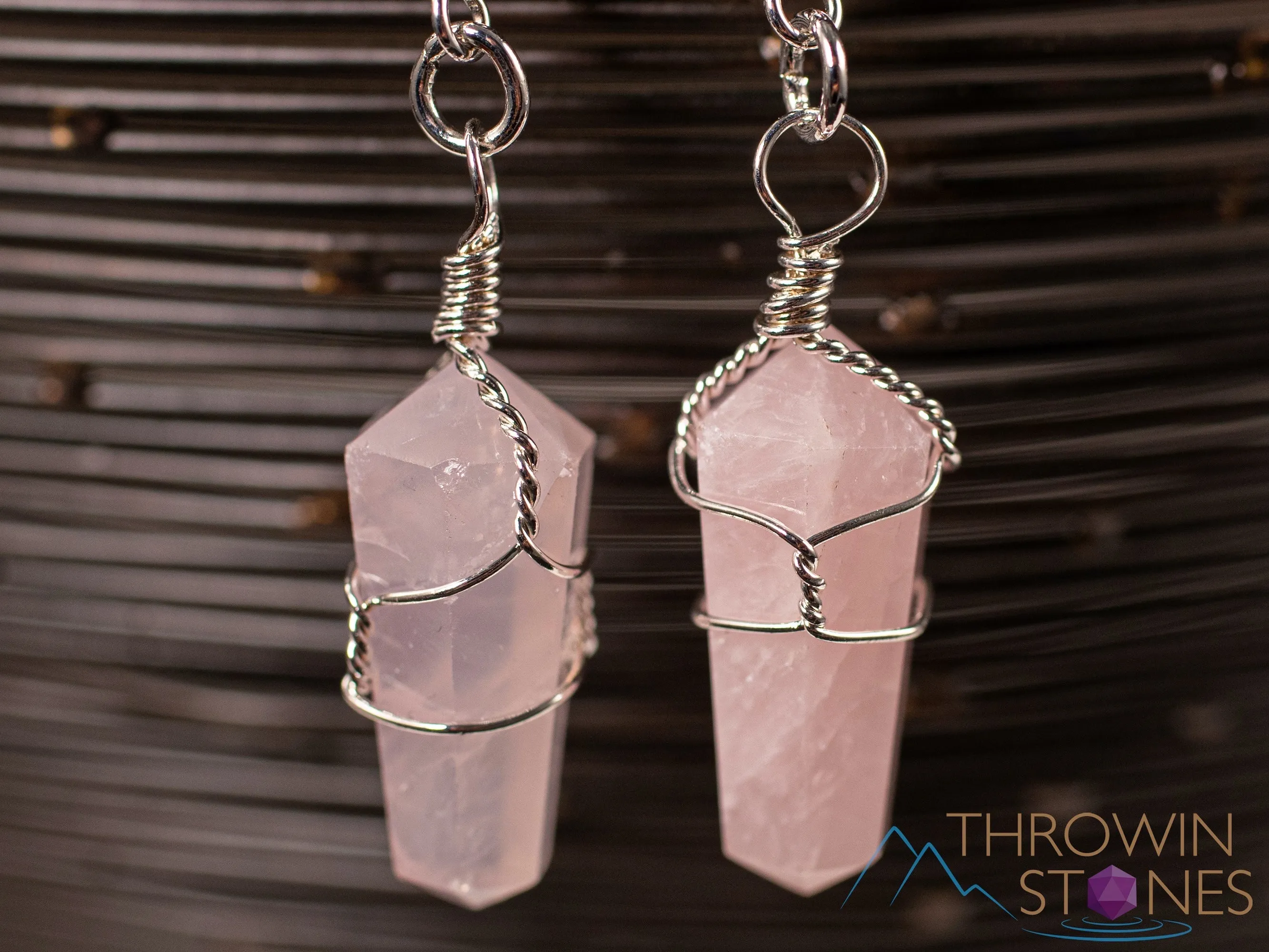 ROSE QUARTZ Crystal Earrings - Crystal Points Dangle Drop Earrings, Wire Wrapped Birthstone Gemstone Handmade Jewelry,  E1394