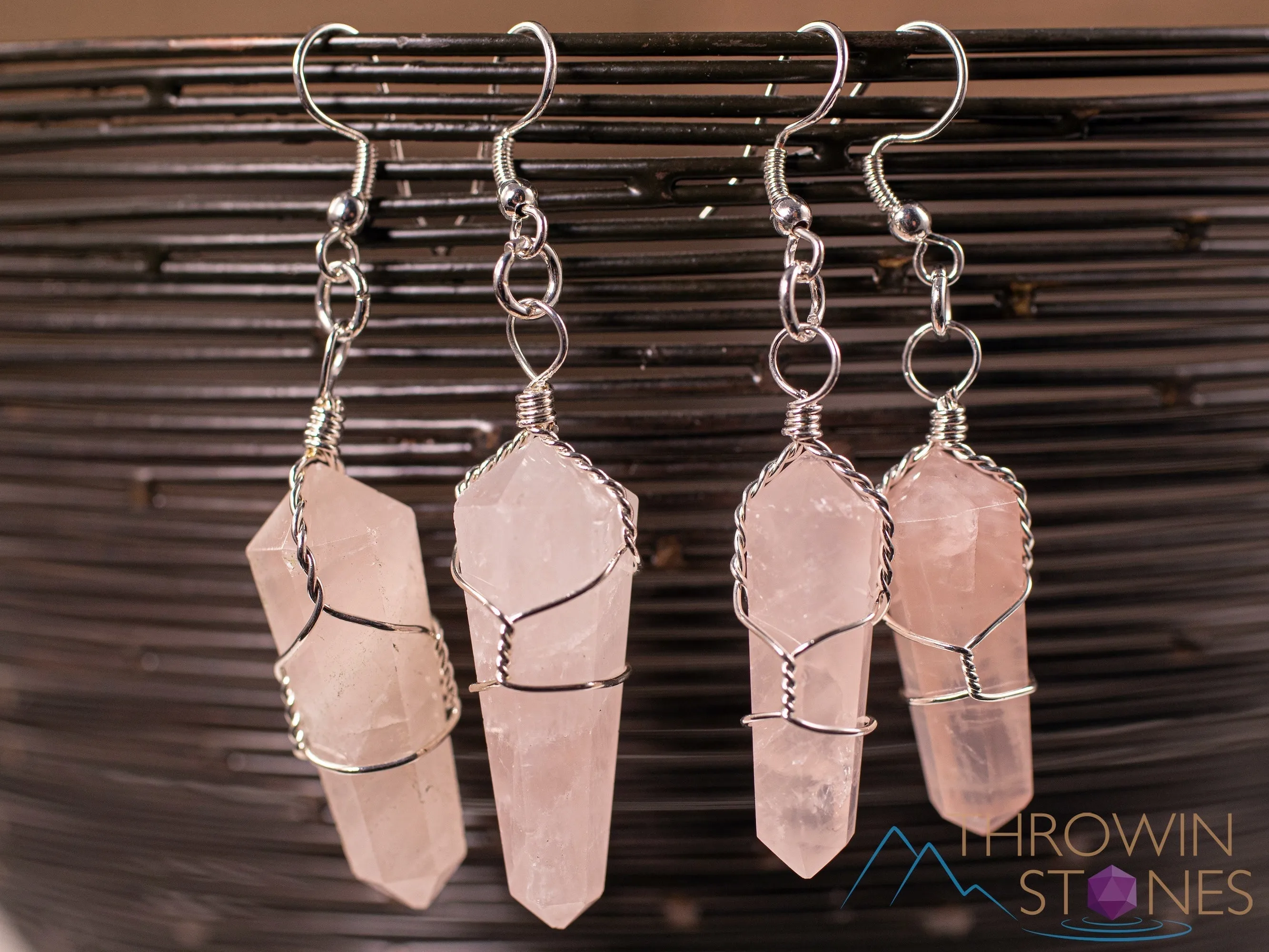 ROSE QUARTZ Crystal Earrings - Crystal Points Dangle Drop Earrings, Wire Wrapped Birthstone Gemstone Handmade Jewelry,  E1394