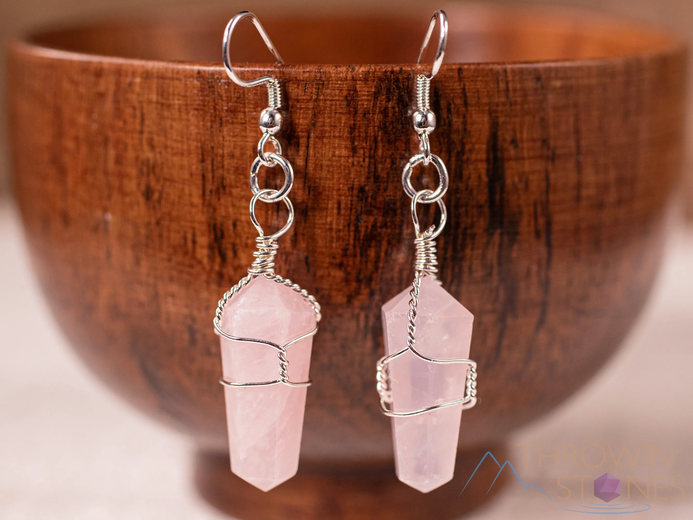 ROSE QUARTZ Crystal Earrings - Crystal Points Dangle Drop Earrings, Wire Wrapped Birthstone Gemstone Handmade Jewelry,  E1394