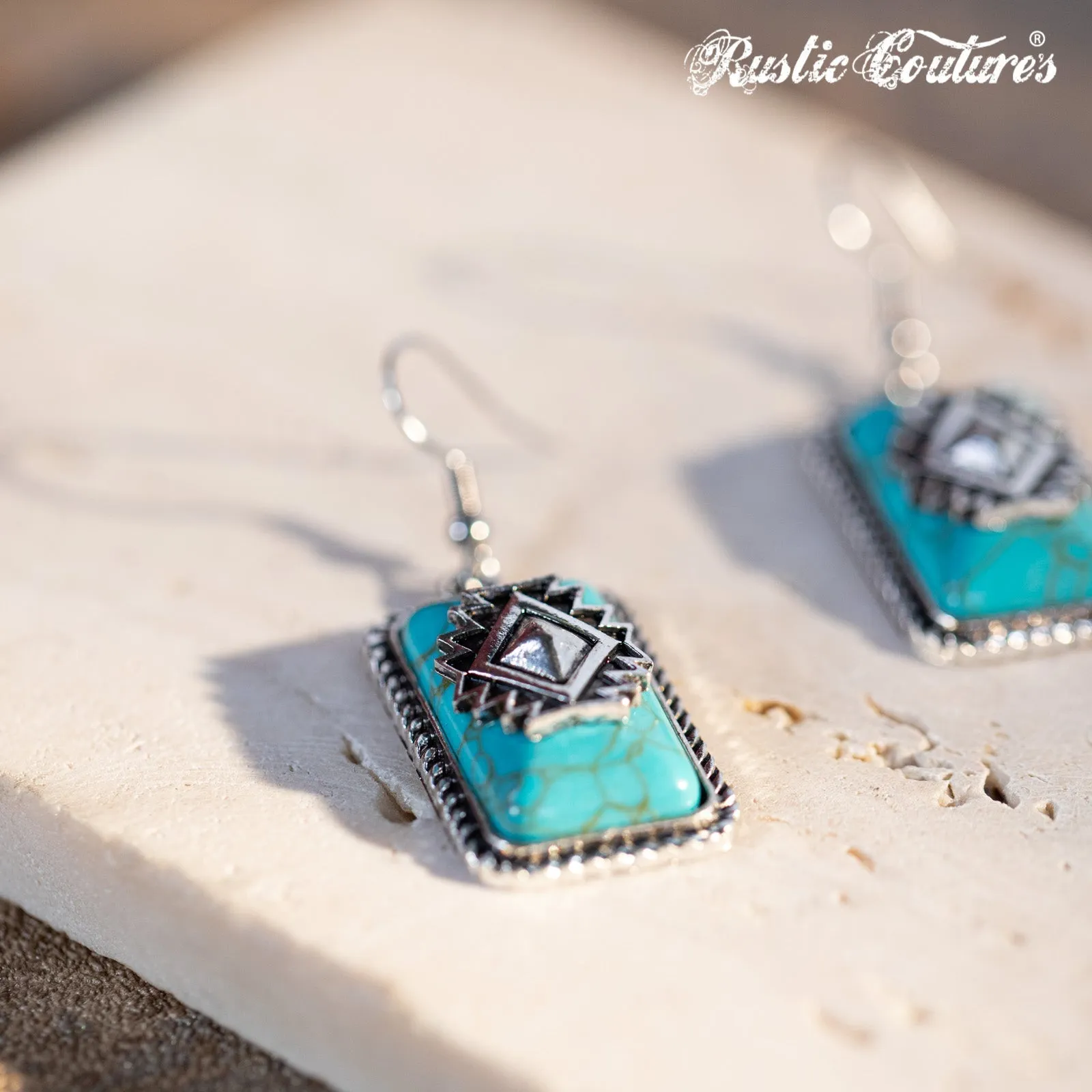 Rustic Couture's Bohemian Rectangle Dangle Aztec Turquoise Stone Earring