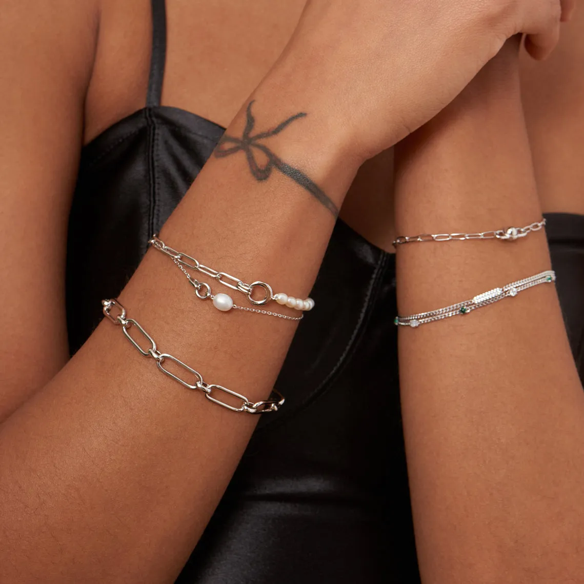 Silver Pearl Link Chain Bracelet