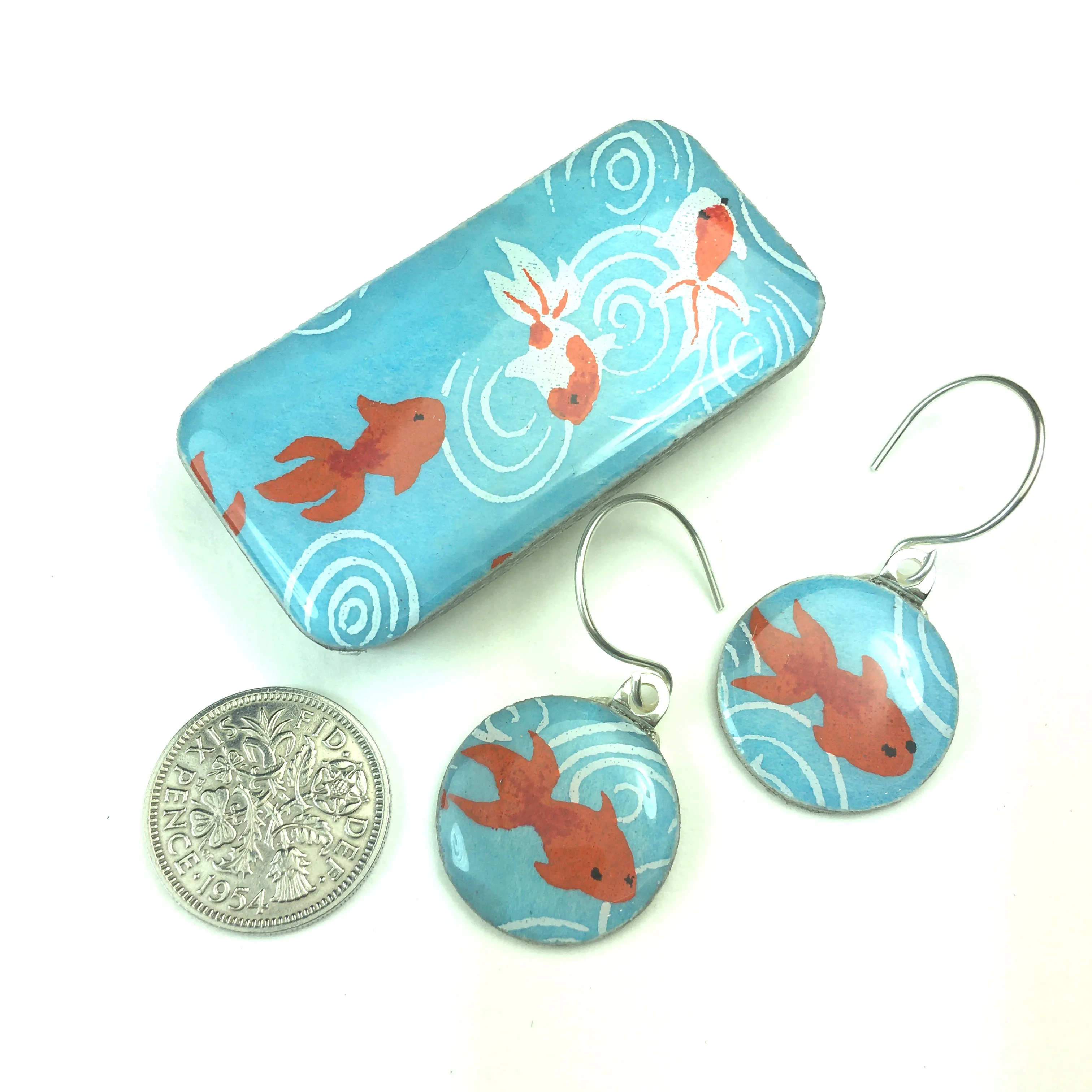 Sixpence Earrings and Teeny Tiny Tin Koi