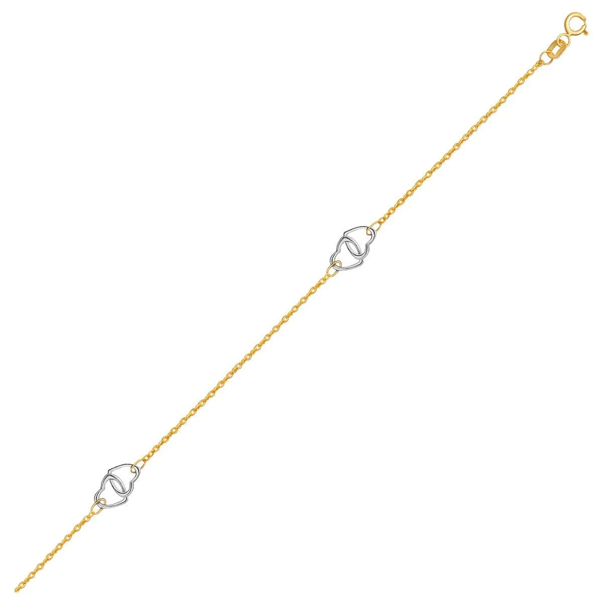 Size: 10'' - 14k Two Tone Gold Entwined Heart Stationed Anklet