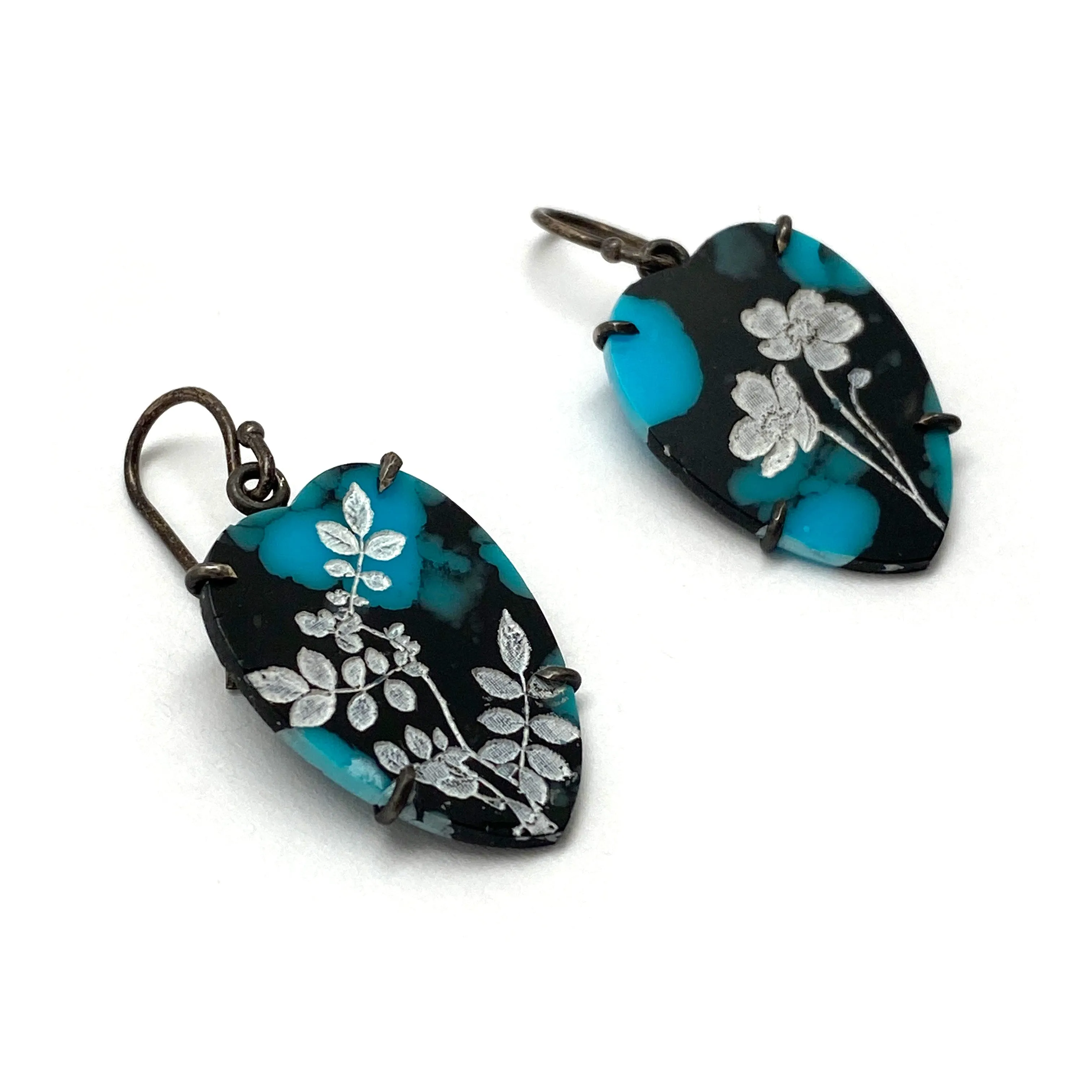 Small Floral Etched Turquoise Earrings