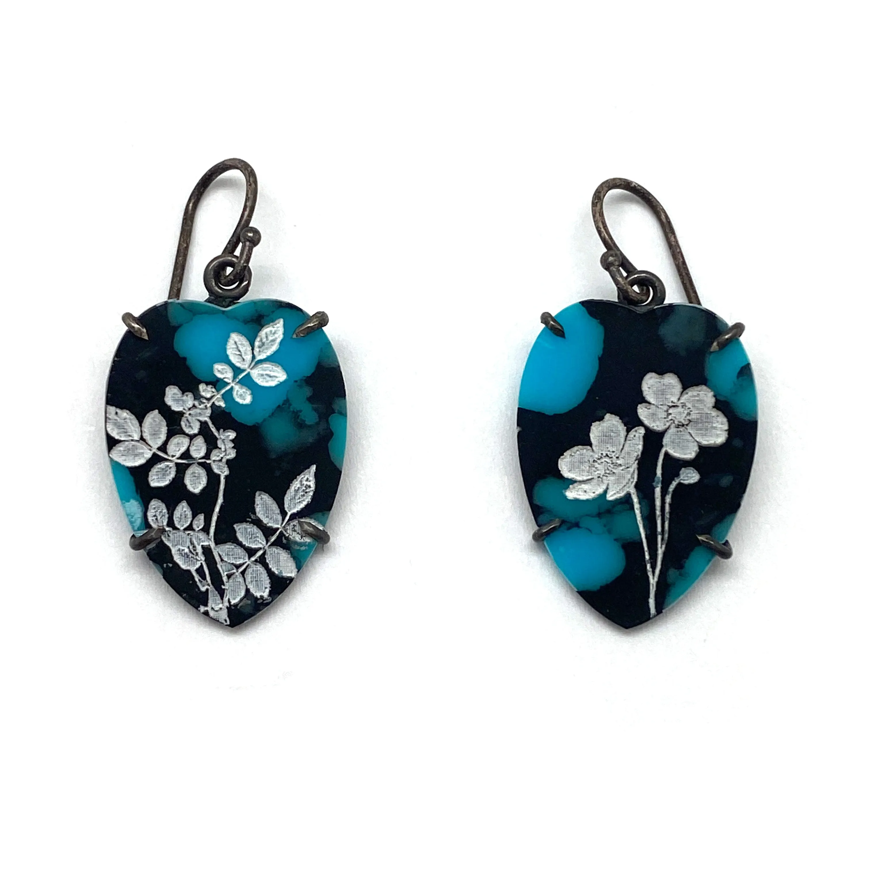 Small Floral Etched Turquoise Earrings