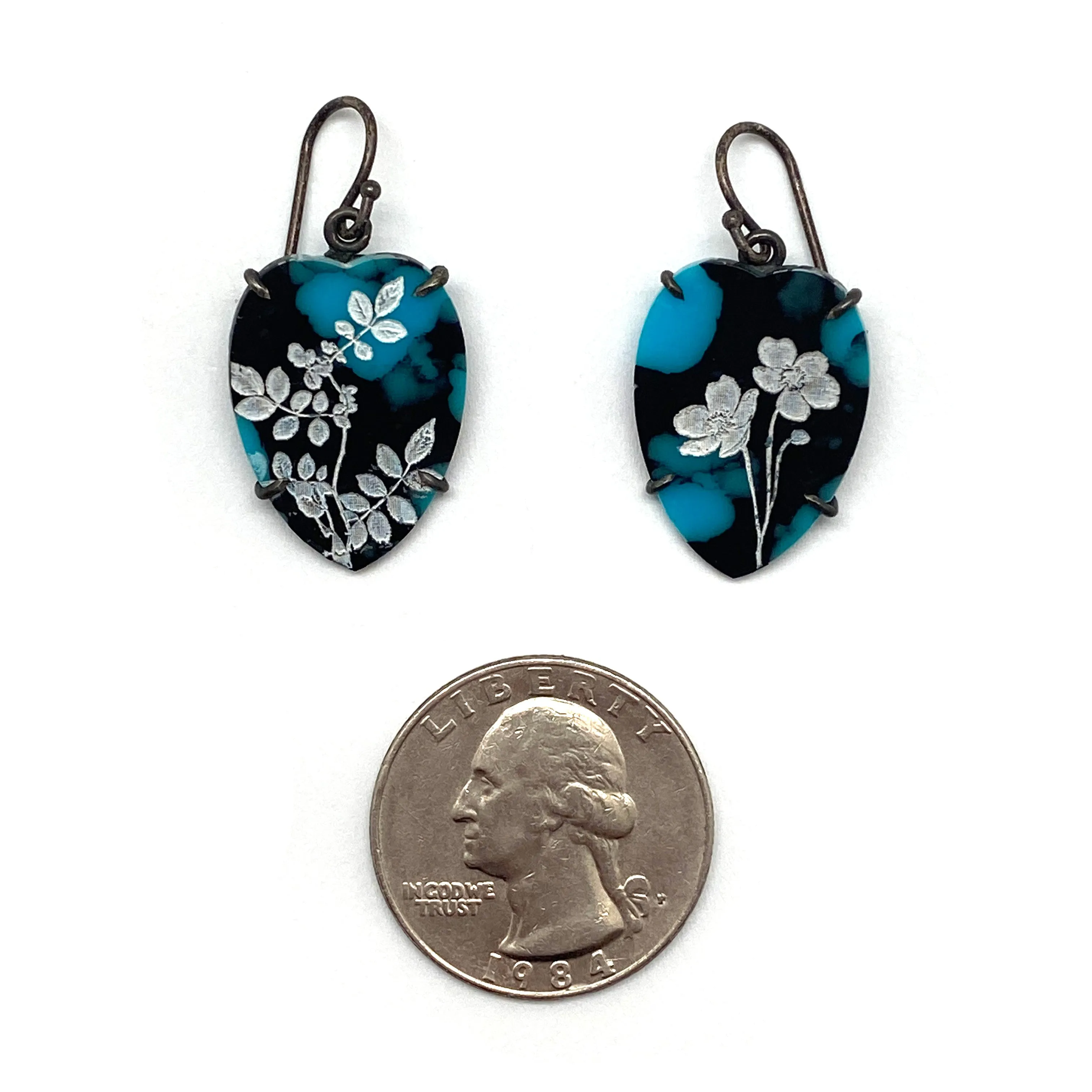 Small Floral Etched Turquoise Earrings