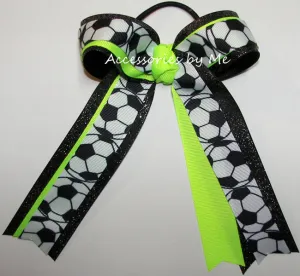 Soccer Neon Lime Black Glitter Ponytail Bow