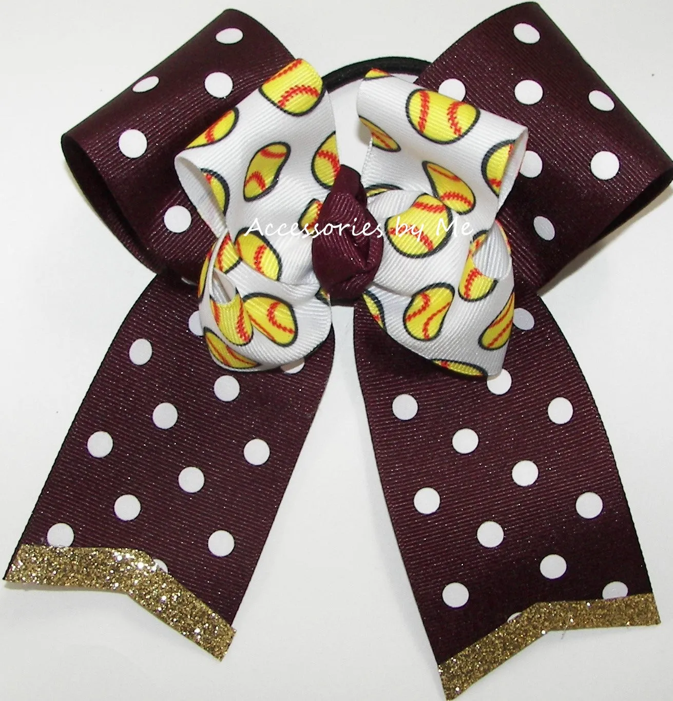 Softball Maroon Polka Dots Gold Hair Bow