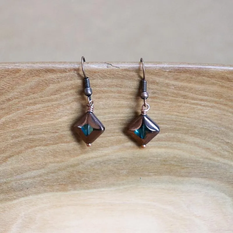 Soldered Diamond Copper Turquoise Earrings