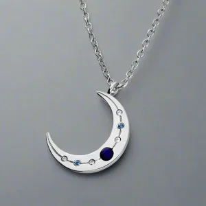 Sterling Silver Lapis and CZ Moon Necklace