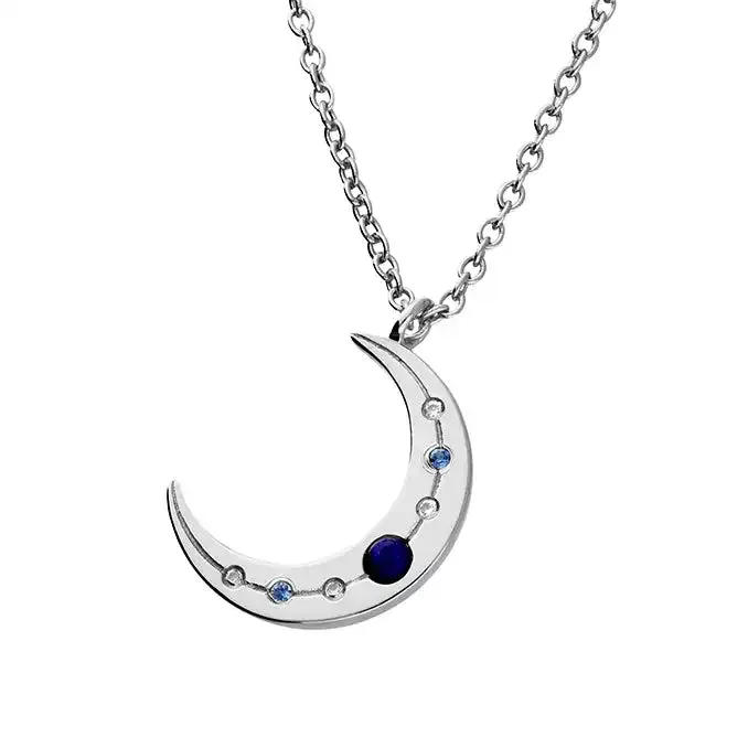 Sterling Silver Lapis and CZ Moon Necklace