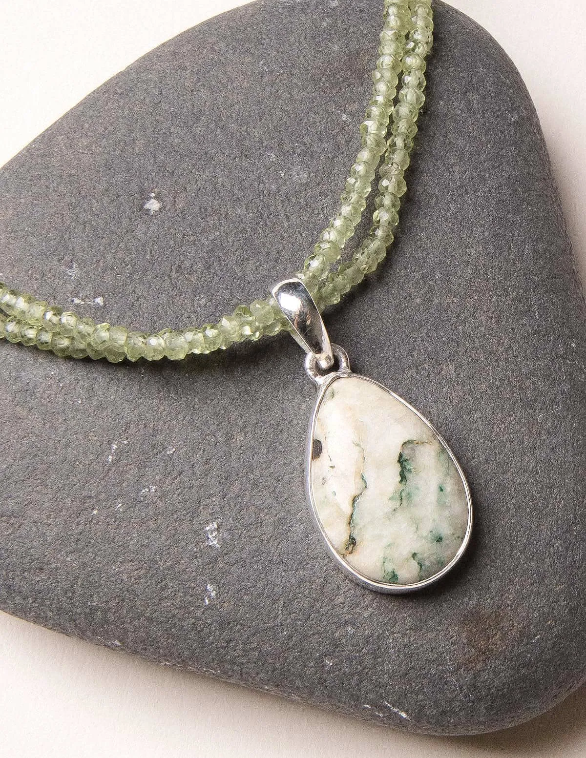 Tree Agate on Beaded Peridot Necklace - One of a Kind