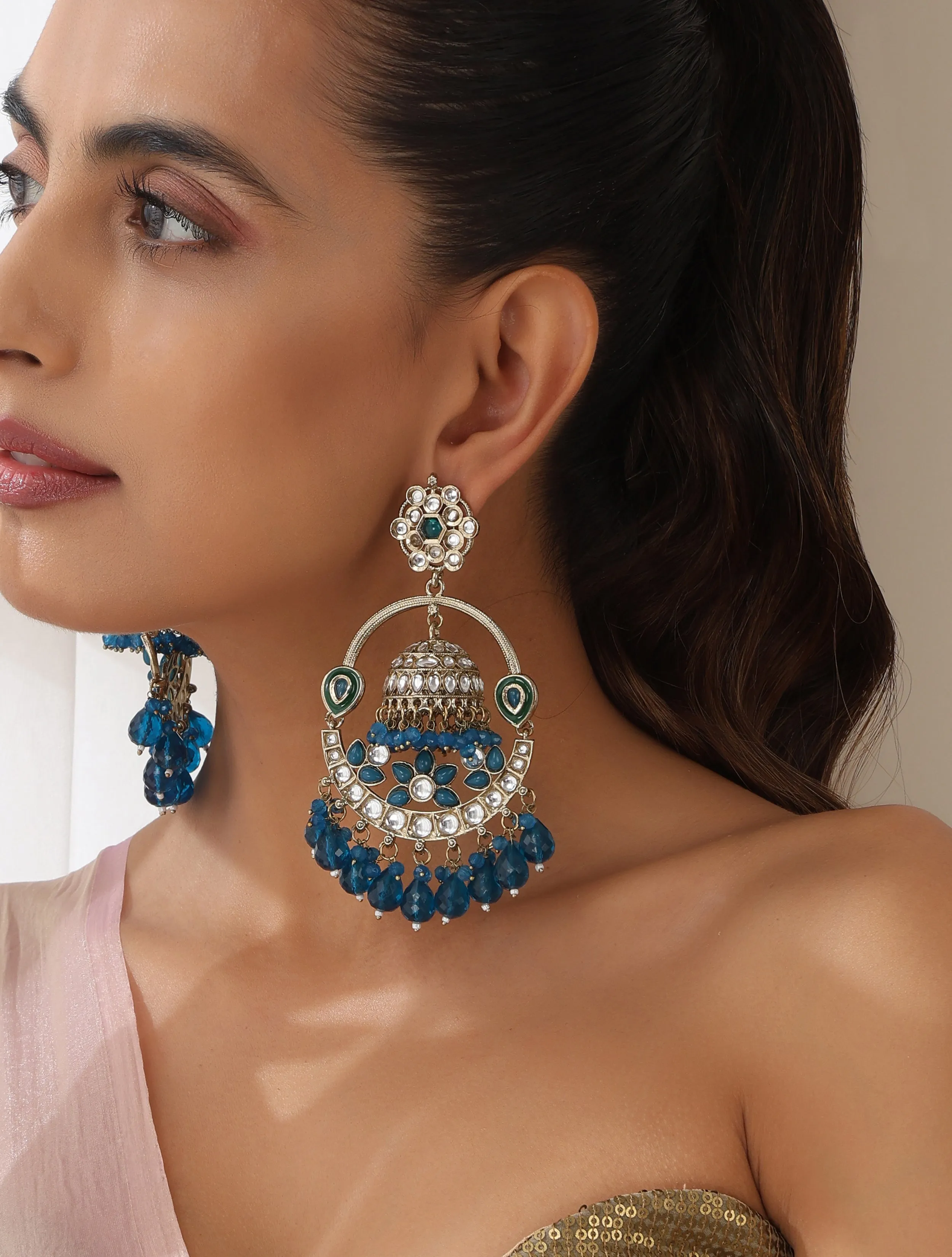 Turquoise Blue Round Color Kundan Jhumka Earrings