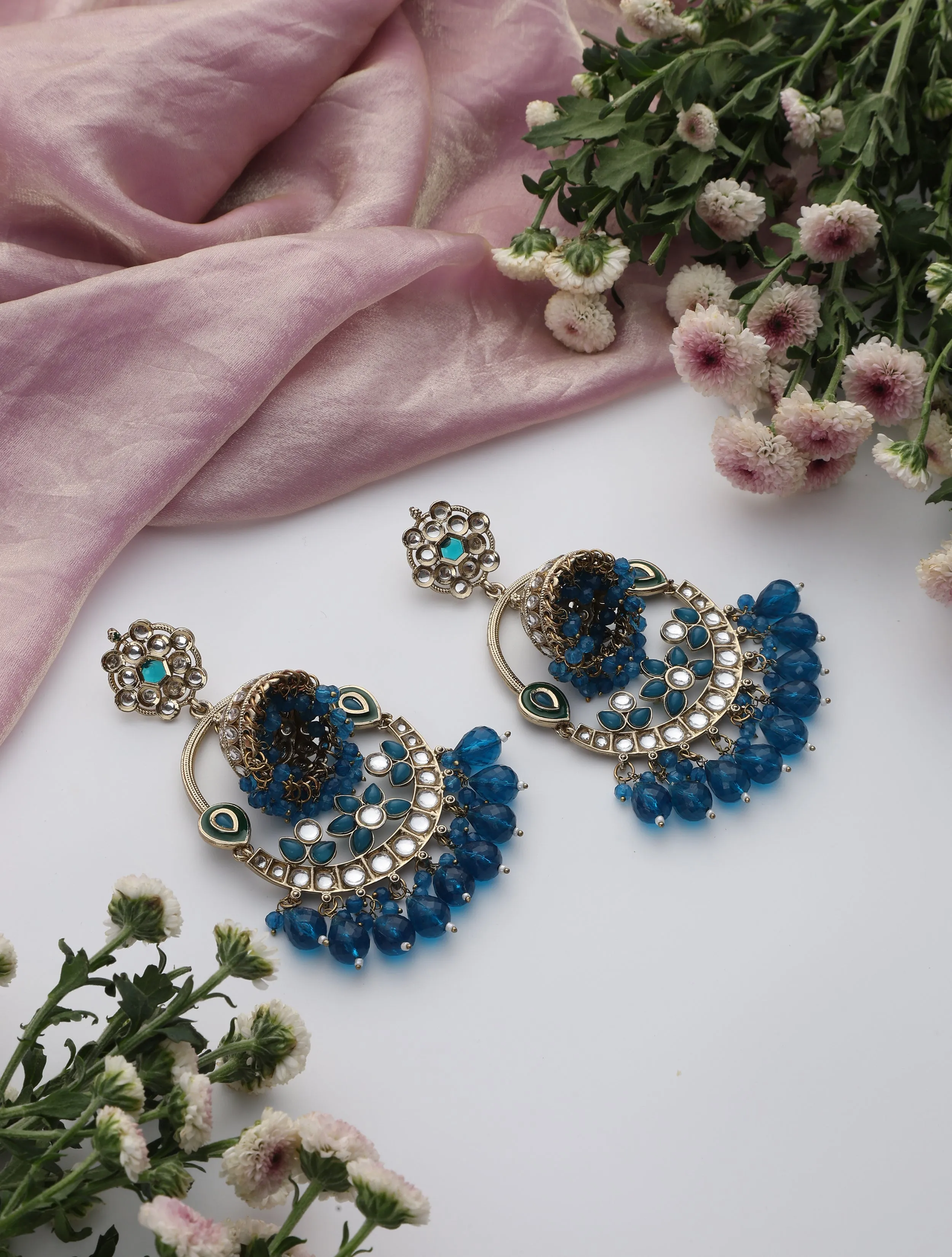 Turquoise Blue Round Color Kundan Jhumka Earrings