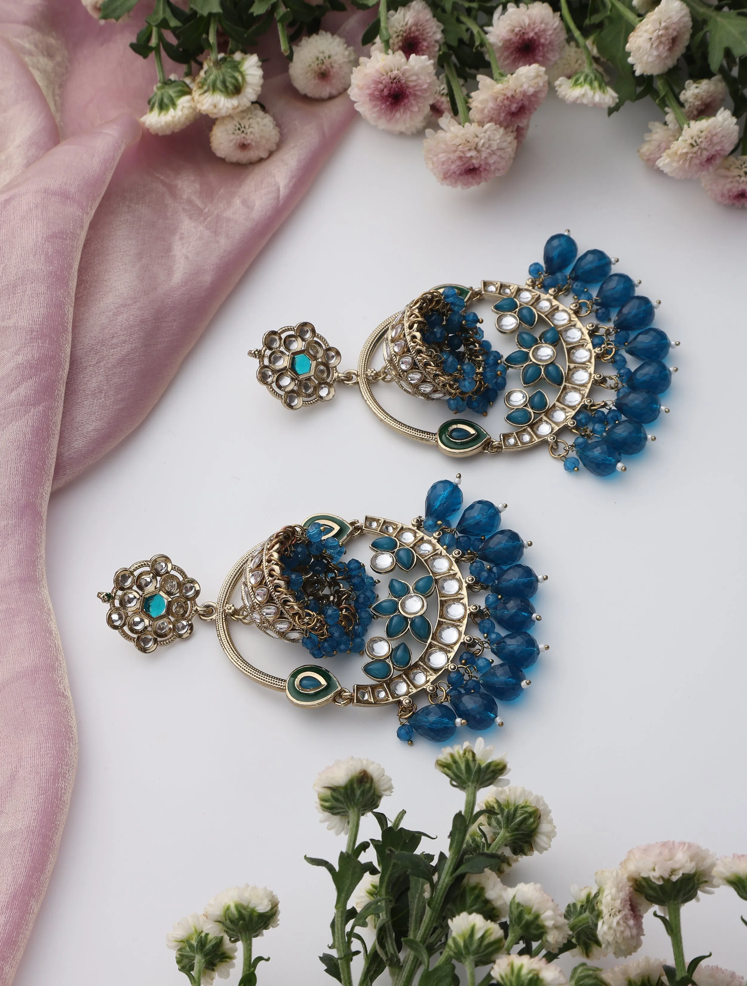 Turquoise Blue Round Color Kundan Jhumka Earrings