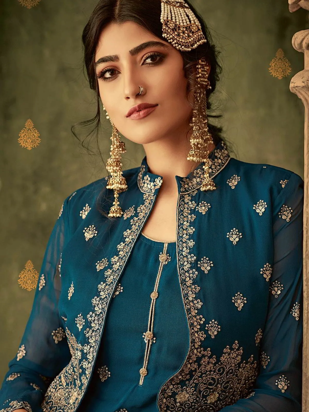 Turquoise Golden Embroidered Koti Style Georgette Gharara Suit