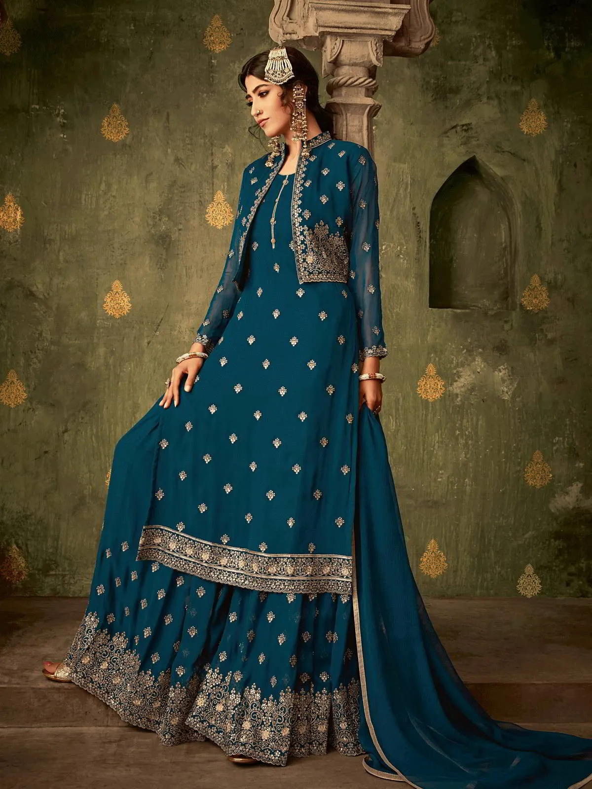 Turquoise Golden Embroidered Koti Style Georgette Gharara Suit