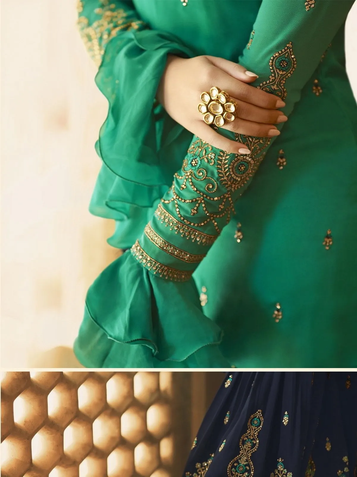 Turquoise Green And Blue Ethnic Embroidered Sharara Suit