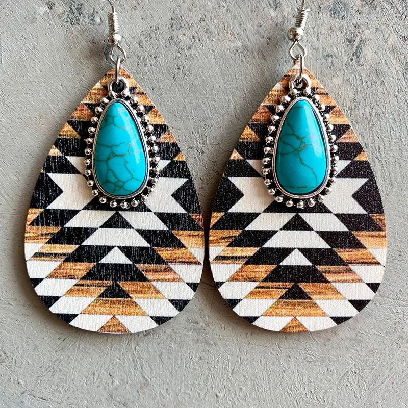 Turquoise Teardrop Shape Wooden Dangle Earrings