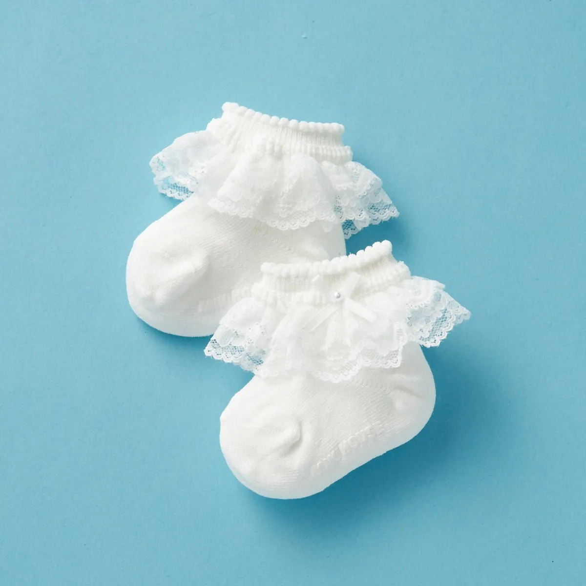 White Baby Socks with Lace and Pearl Bow