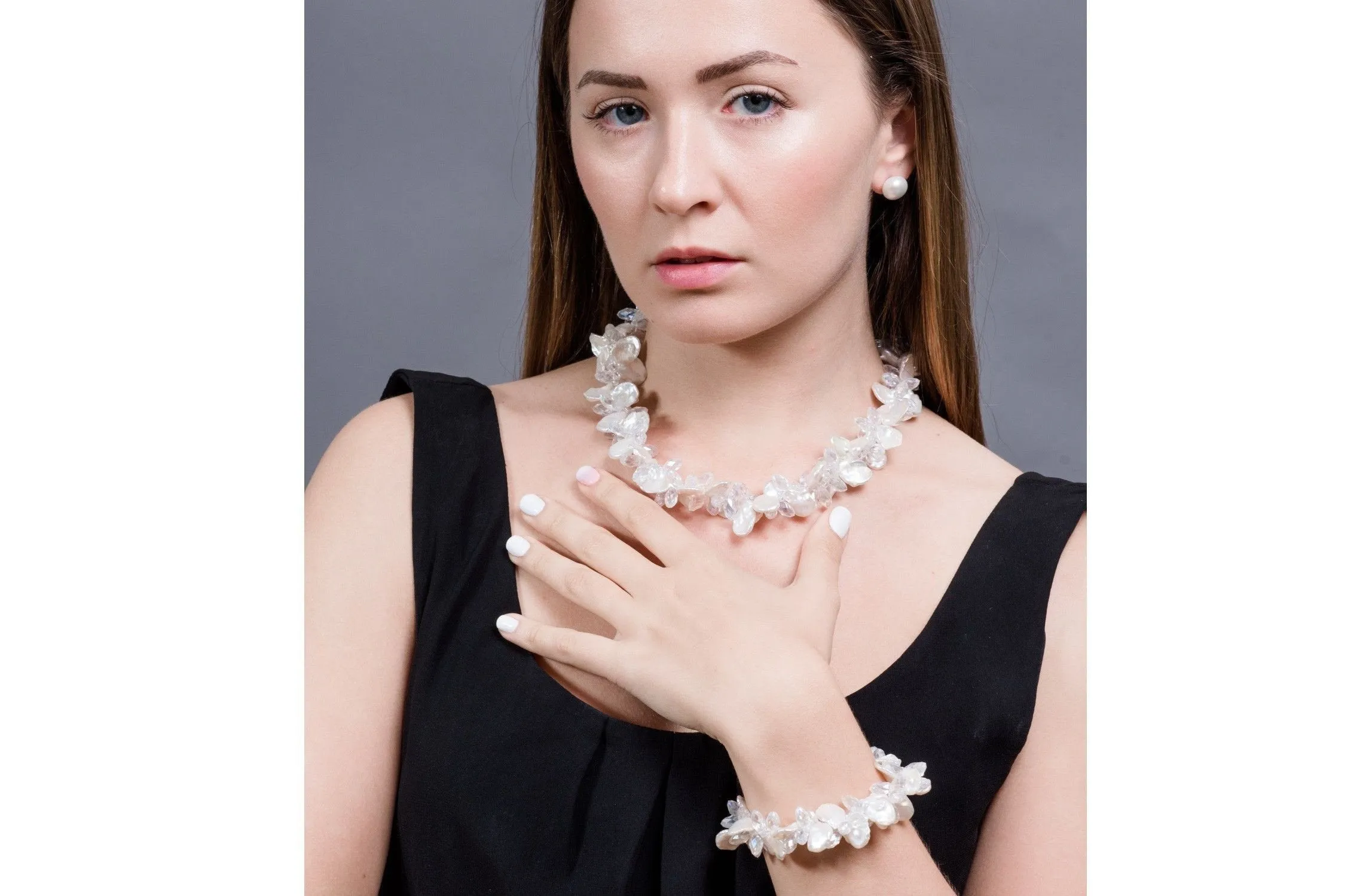 White Freshwater Keshi Pearl and Crystal Bracelet