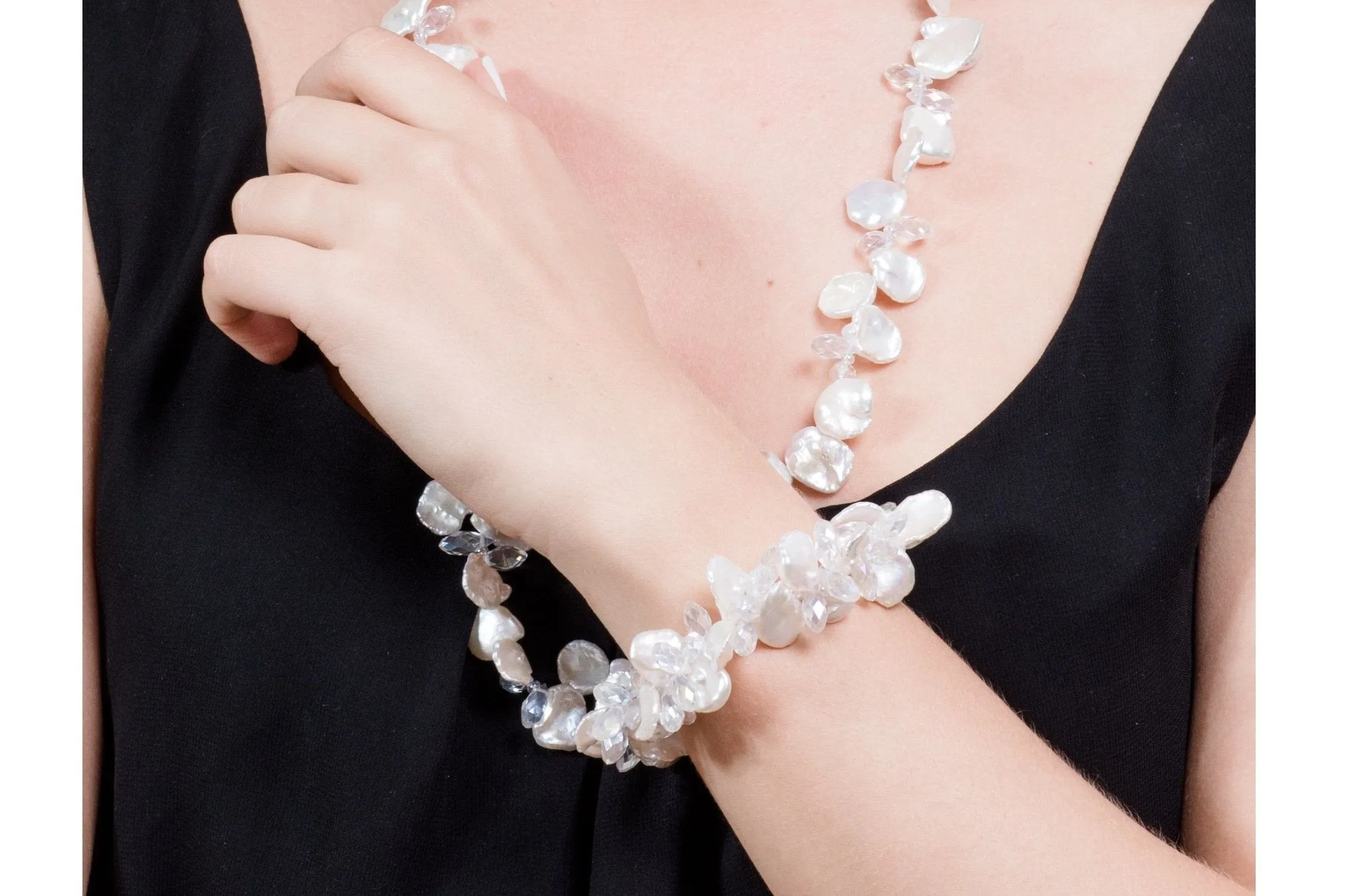 White Freshwater Keshi Pearl and Crystal Bracelet